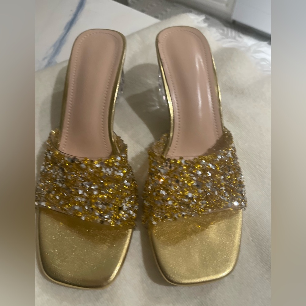 Brand New! Never been used Slides! With Gold decor and Clear Block heel!